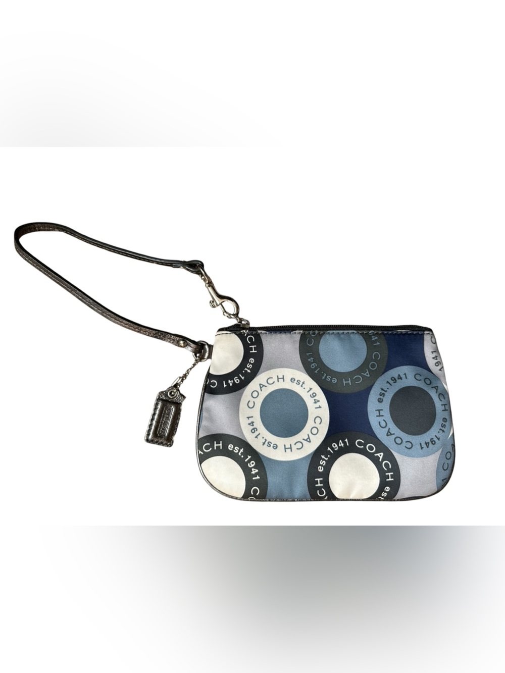 COACH WRISTLET BLUE, GRAY, & CREAM SNAP HEAD SCARF PRINT 1941 SIGNATURE PRINT
